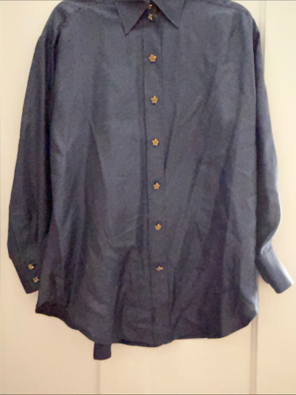 Zimmermann Navy Blue Long-Sleeve Button Blouse with Gold Flower Buttons